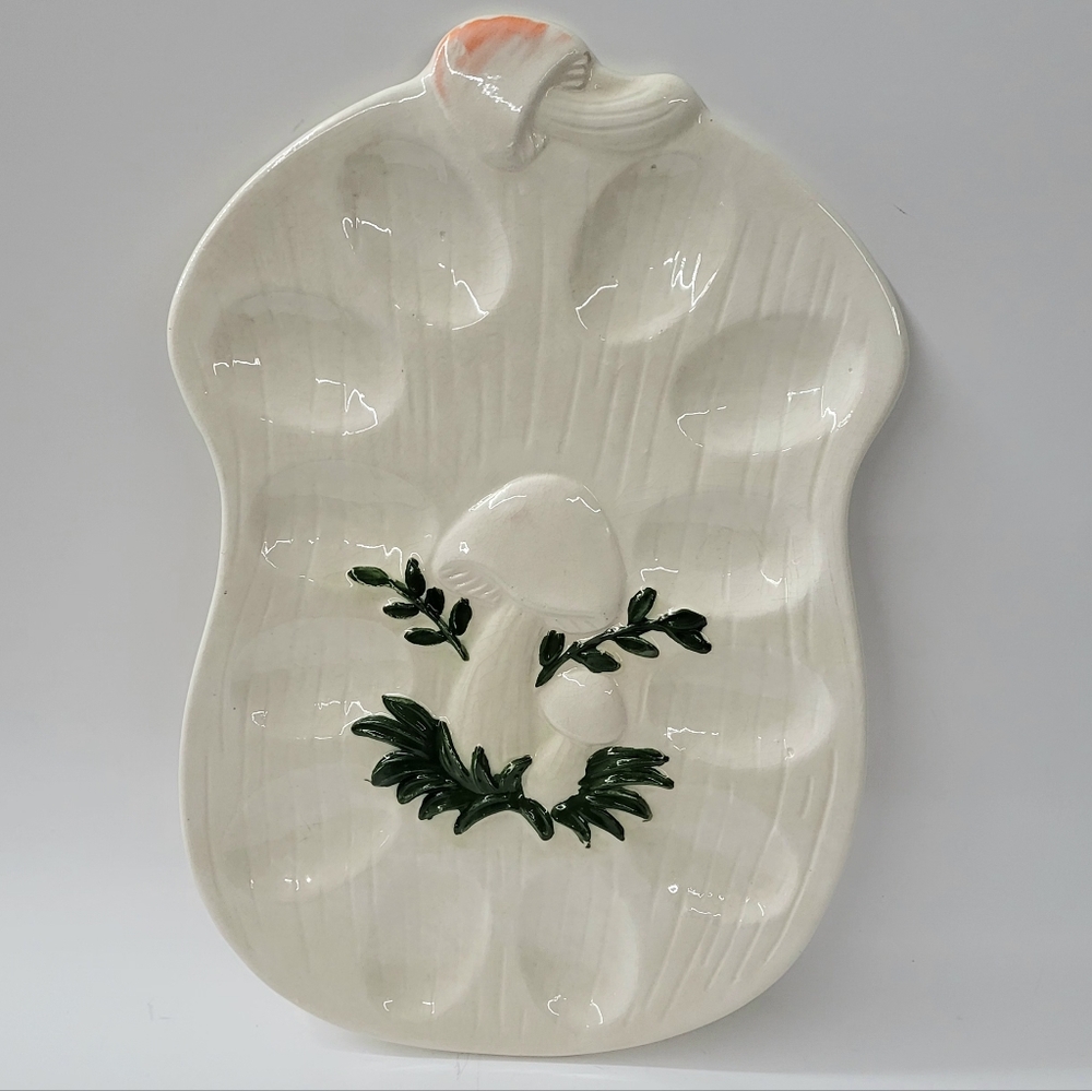 Merry Mushroom Style Deviled Egg Dish Vintage Handmade Ceramic Retro Cottagecore